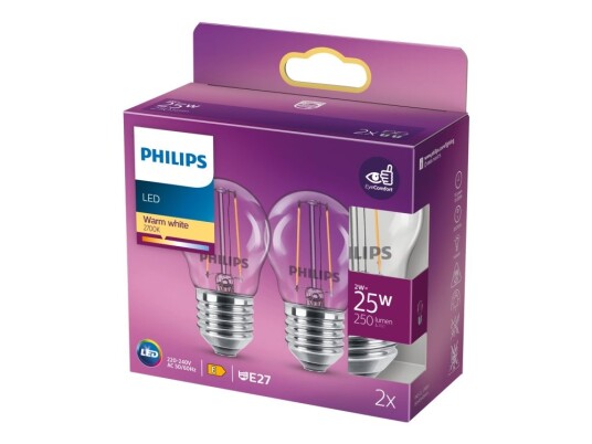 Philips Led-Filamentlyspære Form: P45 Klar Finish E27 2 W Ekvivalent 25 Klasse E Varmt Hvitt Lys 2700 K En Pakke Philips Led-Filamentlyspære Form: P45 Klar Finish E27 2 W Ekvivalent 25 Klasse E Varmt Hvitt Lys 2700 K En Pakke