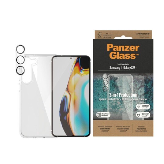 PanzerGlass Samsung Galaxy S23+ (Plus) PanzerGlass 3-i-1 Bundle med EasyAligner - Beskyttelseglass (UWF) / Deksel / Kamerabeskyttelse - Gjennomsiktig