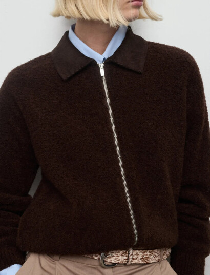 Mango Bouclé Jacket With Corduroy Collar - Brown - S Mango Bouclé Jacket With Corduroy Collar - Brown - S