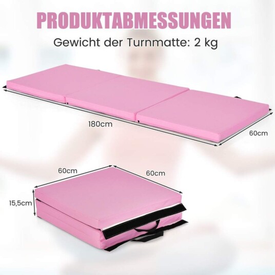 Sammenleggbar myk gulvmatte med 2 håndtak sklisikker gymnastikkmatte 180 x 60 x 5 cm rosa