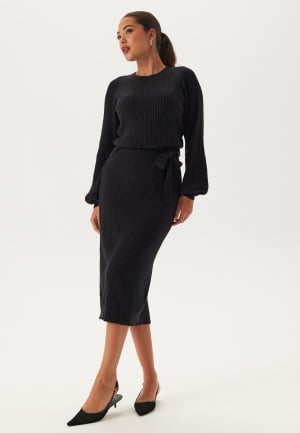 BUBBLEROOM Round Neck Rib Knitted Midi Dress Black M