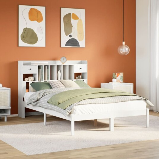  Seng med bokhylle uten madrass hvit 160x200 cm heltre furu 8721158604187