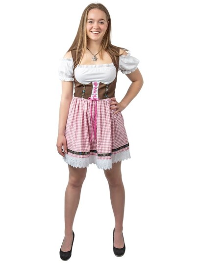 Haus Huberts V.O.F Oktoberfestkjole Rosi Brun overdel og rosa rutetet skjørt, Str. 34