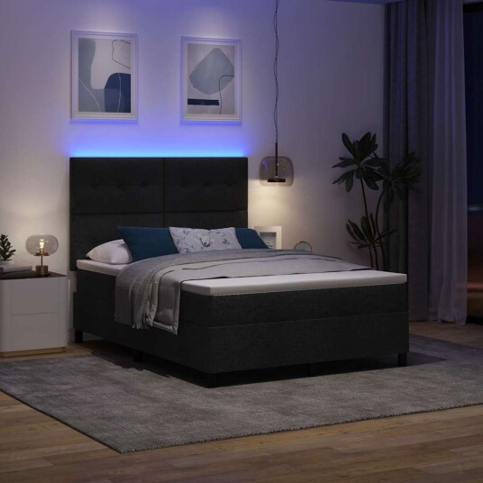 Box Spring Seng med Madrass & LED Svart 140x200 cm Stoff Box Spring Seng med Madrass & LED Svart 140x200 cm Stoff