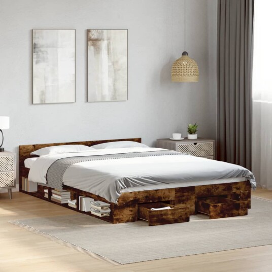  Sengeramme med skuffer røkt eik 160x200 cm konstruert tre 8721102623912
