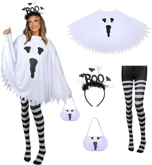 Halloween Spøkelseskostymesett til Dame med Kappe, Godtepose, Hodebånd og Leggings 4 Deler