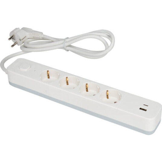 Namron Skjøteledning 4-veis Jord USB-A/C 1,5m Hvit - 1510604