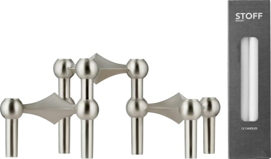 Nagel Lysestake 3-pk + 12 Stearinlys, Brushed Chrome