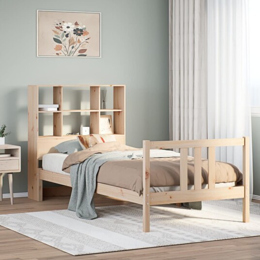 Seng med bokhylle uten madrass 75x190 cm heltre furu 3322299