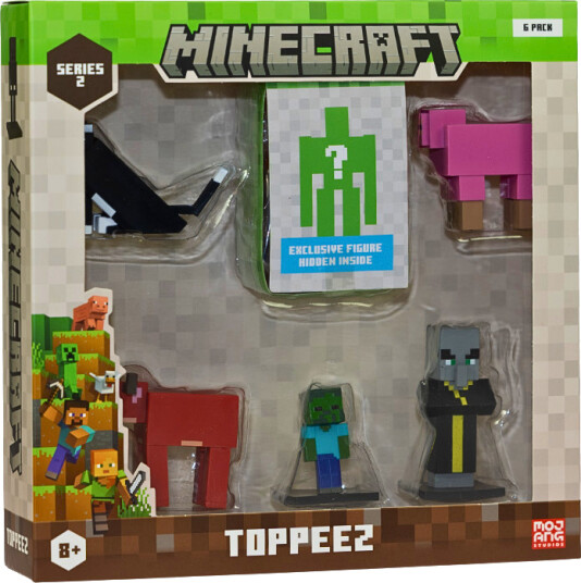 Minecraft Figur S2 Toppeez 6 stk 6 cm Cat Pink Sheep Cow Baby Zombie Evoker og Overraskelse 145461