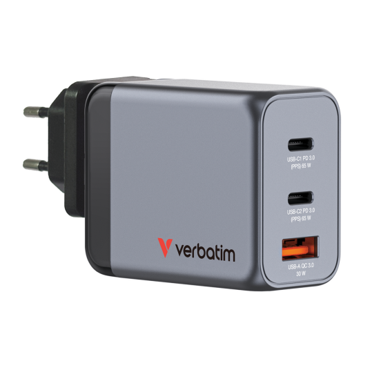 Verbatim 65W GaN 3-Port USB-A/USB-C Lader med Quick Charge 3.0