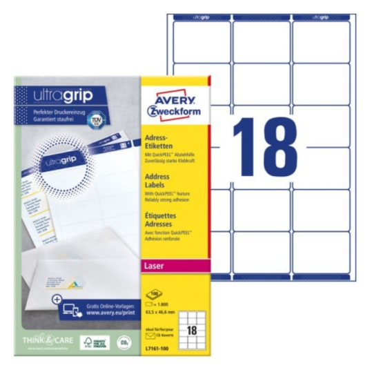 Avery-adresseetiketter med QuickPEEL™ og Ultragrip 63,5 x 46,6 mm 1800-etiketter hvit SAV-L7161-100 Avery-adresseetiketter med QuickPEEL™ og Ultragrip 63,5 x 46,6 mm 1800-etiketter hvit SAV-L7161-100