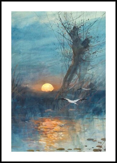 Sunset Over The Pond With Storks Plakat Plakat / 50x70cm Sunset Over The Pond With Storks Plakat Plakat / 50x70cm
