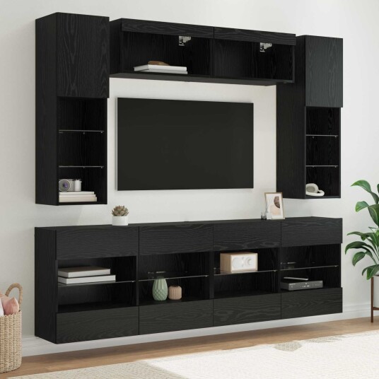 TV vegghyllesett med LED 6 pcs Svart Eik Konstruert tre TV vegghyllesett med LED 6 pcs Svart Eik Konstruert tre