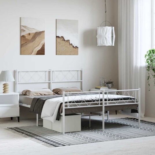vidaXL Sengeramme i metall med hode- og fotgavl hvit 150x200 cm 8721012191259