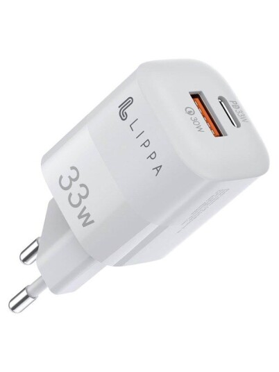 Lippa 33W USB-C PD og USB-A QC GaN Vegglader - Hvit