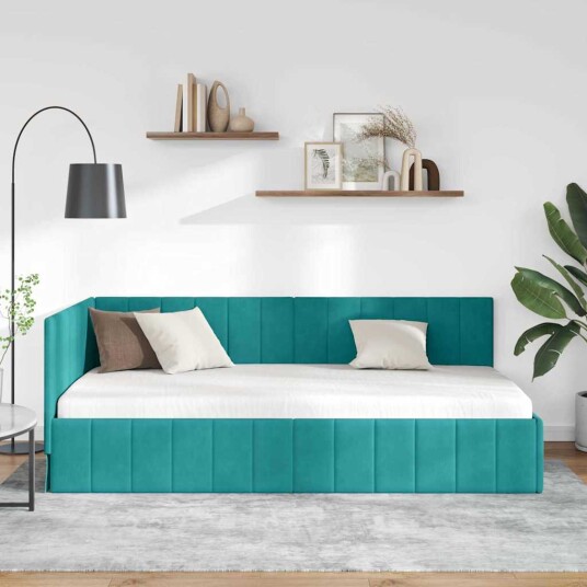 Hjørnesengramme med hodegjerde Turkis 90 x 190 cm Fløyel Hjørnesengramme med hodegjerde Turkis 90 x 190 cm Fløyel