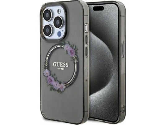 Originalt Guess Frontpaneldeksel Guhmp15lhfwfck For Iphone 15 Pro (Magsafe-Kompatibel / Blomsterkrans / Svart)