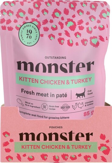 Monster Pet Food våtfôr Cat Pouches Kitten Våtfôr til Kattunge Chicken Turkey 16 x 85 g