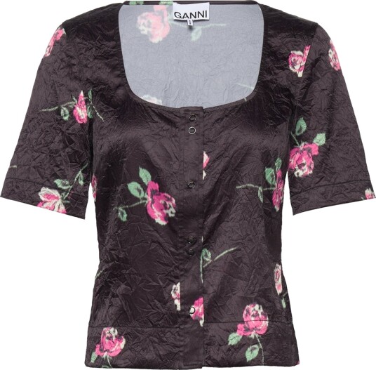 Ganni Crinkled Satin U Neck Blouse Black 36