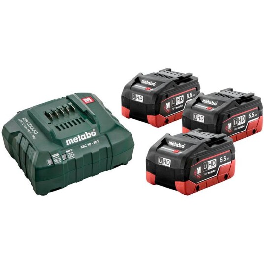 Metabo 18V Bas-set Ladepakke med 3 x 5,5Ah LiHD-batterier og lader Metabo 18V Bas-set Ladepakke med 3 x 5,5Ah LiHD-batterier og lader