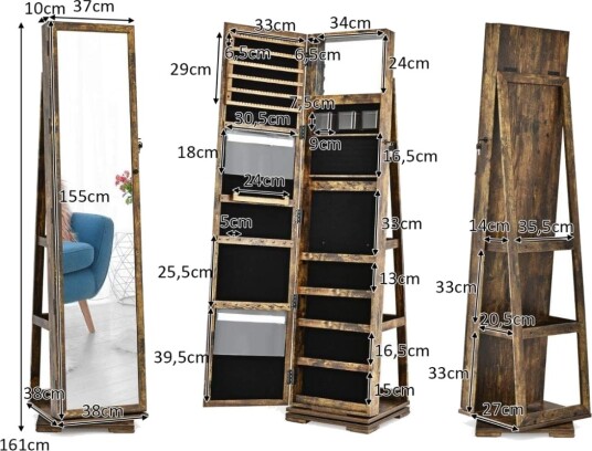 Cwy 2 i 1 smykkeskap og stigehylle med speil i full lengde 39 x 39 x 161 cm brun Cwy 2 i 1 smykkeskap og stigehylle med speil i full lengde 39 x 39 x 161 cm brun