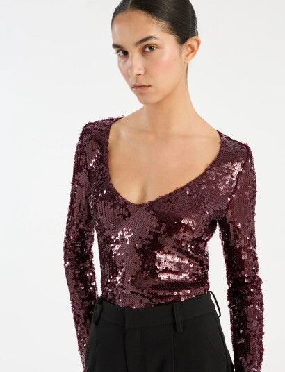 ROTATE Birger Christensen Sequins V-Neck Top - Burgundy - 38