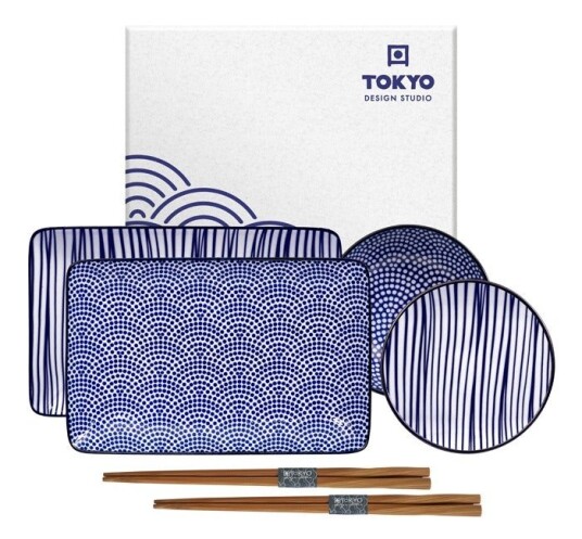 Tokyo Design Studio Nippon Blue Sushi Sett 6 Deler Lines/Dots Tokyo Design Studio Nippon Blue Sushi Sett 6 Deler Lines/Dots