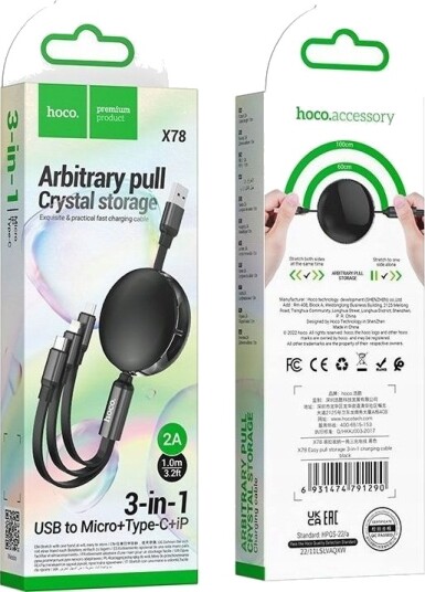 Usb-Kabel Hoco Usb-A Til Usb-C + Microusb + Lightning 1 M Svart