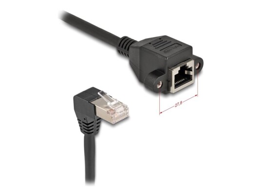 Delock Nettverksforlengelseskabel Rj-45 Hann Vinklet Til Rj-45 Hunn Skrubar 50 Cm 6 Mm S/Ftp Cat 6A Med Støvel Halogenfri Svart