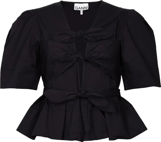 Ganni Washed Stretch Cotton Tie Strap Blouse Black 36
