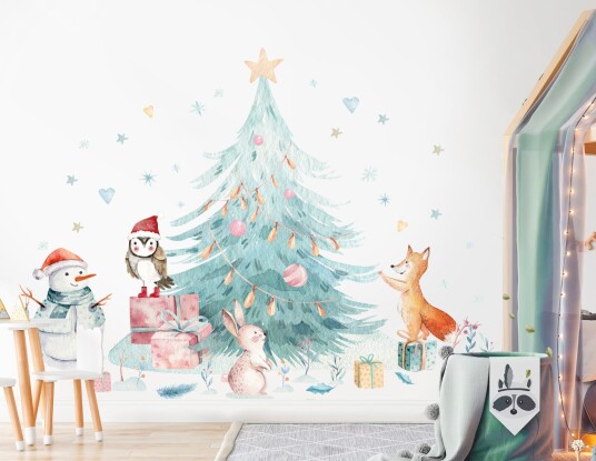 Veggklistremerke Jul / Tre Snømann og Dyr Veggklistremerke Jul / Tre Snømann og Dyr