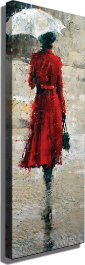 Lerretsbilde 30x80 cm Kvinne i rød kjole med paraply Rød / Grå / Svart