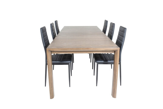 SliderOS spisegruppe spisebord uttrekksbord lengde cm 170 / 250 røykfarge eik og 6 Slim High Back spisestuestoler PU kunstskinn svart.