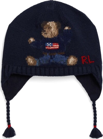 Ralph Lauren Baby Polo Bear Cotton Earflap Hat Navy 12 24