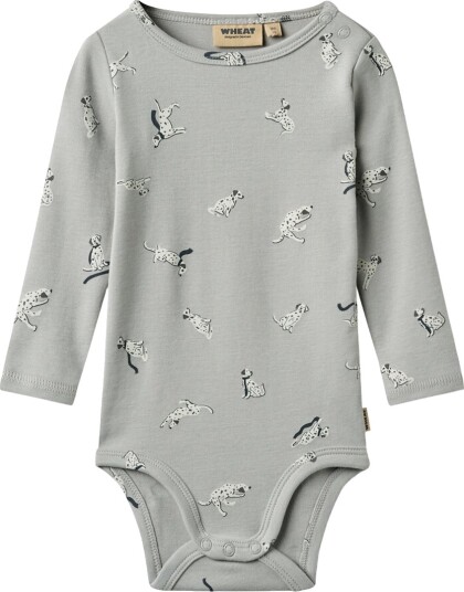 Wheat Body I/e - Freddie - Hunder med Dots - Wheat - 1 år (80) - Langermet Body - Grå