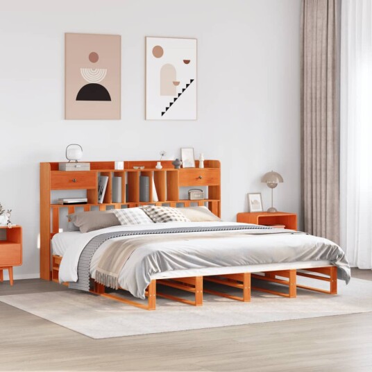 Seng med bokhylle uten madrass voksbrun 180x200 cm heltre furu 8721158627575
