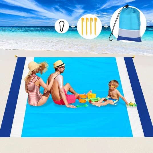 Strandmatte Piknikteppe for voksne 200 x 210cm Strandteppe Sandfritt Vanntett Strandteppe Ekstra Stor med Oppbevaringsport og 4 Faste Spiker f