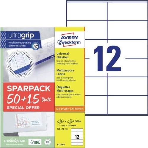 Universaletiketter Avery 105X48 Mm Hvid Med Ultragrip + 30% Ekstra Indhold 65 Ark X 12 Stk.