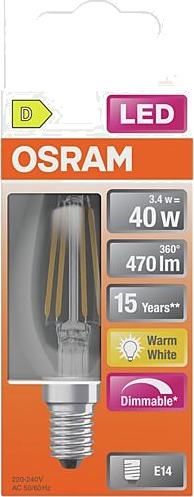 Osram led lyspære e14 classic b40 470lm klar dimbar varmhvit