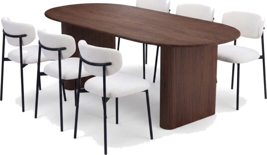Spisegruppe Bark Noira 220 cm Valnøtt Hvit bouclé/Metallben Svart 6
