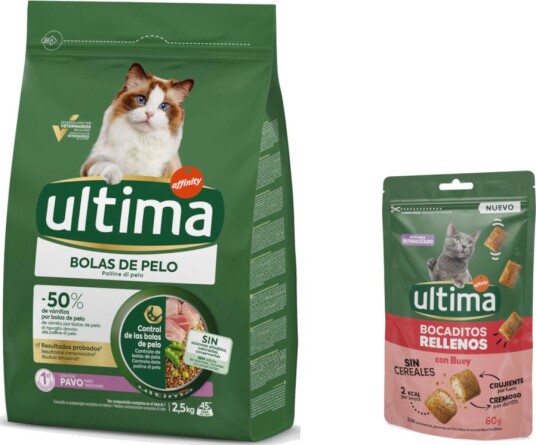 Affinity Ultima tørrfôr Ultima tørrfôr + Snacks godbiter fylte med på kjøpet Hairball kalkun okse 2.5 kg 60 g