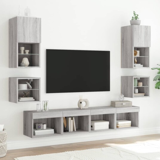 Veggmontert nattbord med LED-lys 2 stk grå sonoma Veggmontert nattbord med LED-lys 2 stk grå sonoma