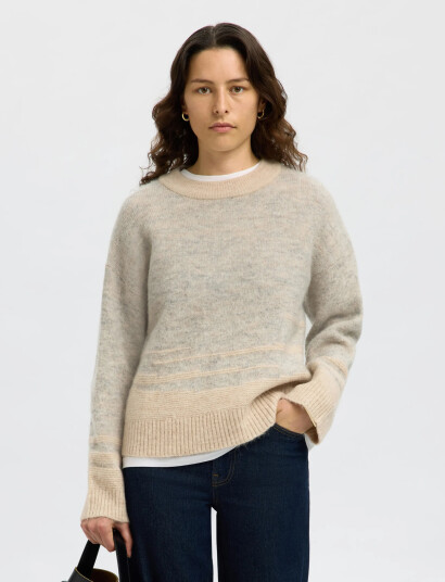 Selected Slfalva Ls Knit Structure O Neck Beige L Selected Slfalva Ls Knit Structure O Neck Beige L