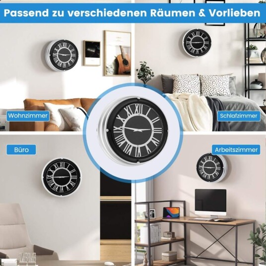 Ø 45 cm stille veggklokke med sølvramme & Romersk urskive uten tikkende lyder   Ø 45 cm