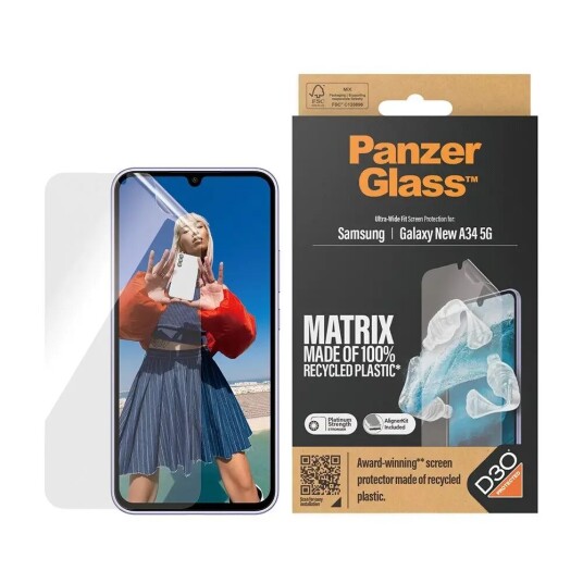 Samsung Galaxy A35 (5G) PanzerGlass Matrix AntiBacterial Ultra Wide Fit Skjermbeskyttelse - AlignerKit - Platinum Strength - Gjennomsiktig