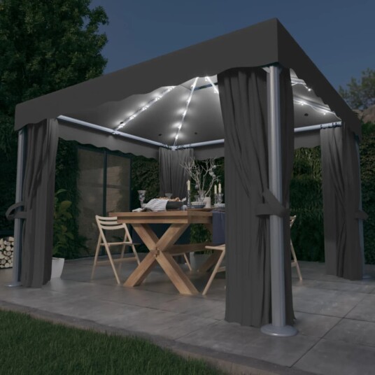 vidaXL Paviljong med gardin og LED-strenglys 3x3 m antrasitt vidaXL Paviljong med gardin og LED-strenglys 3x3 m antrasitt