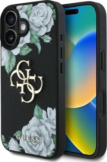 GUESS Grained Roses Big 4G logo case for iPhone 16 - black