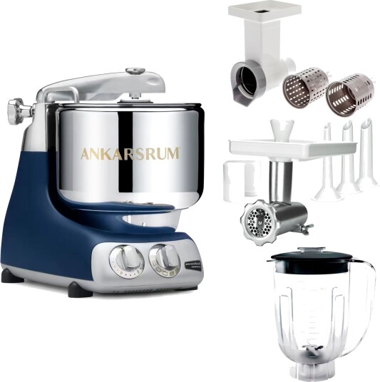 Ankarsrum Assistent Original AKM 6230 kjøkkenmaskin med kjøttkvern skjæretilbehør og blenderkanne royal blue