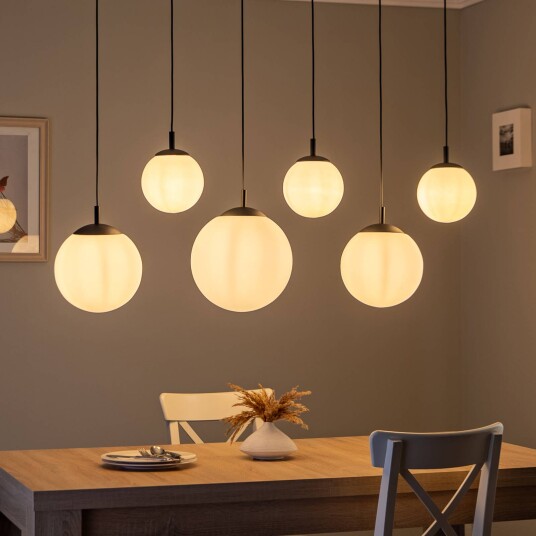 TK Lighting Esme pendellampe opalt glass seks lamper lineær